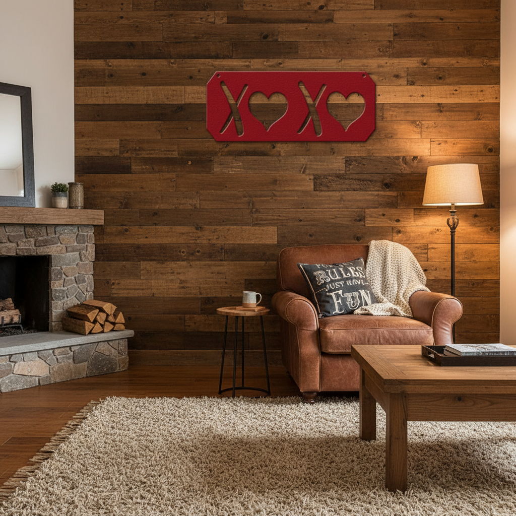Red XOXO sign on wooden den wall