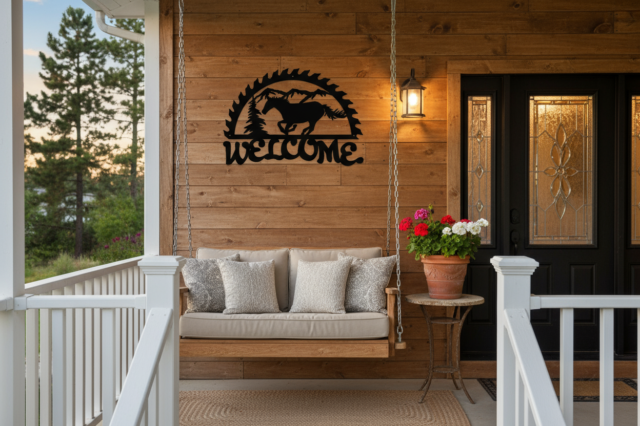 Running horse welcome sign on porch wall