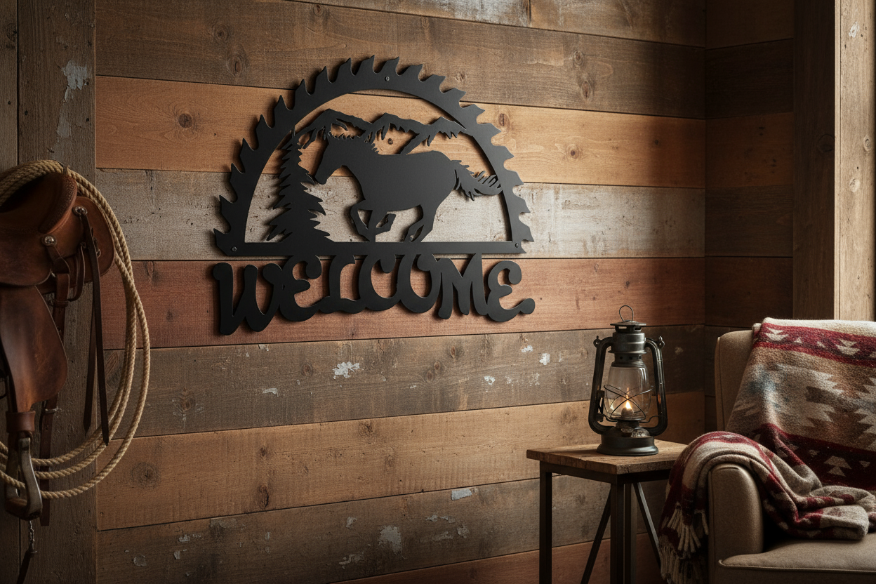 Running horse welcome sign with attractive background