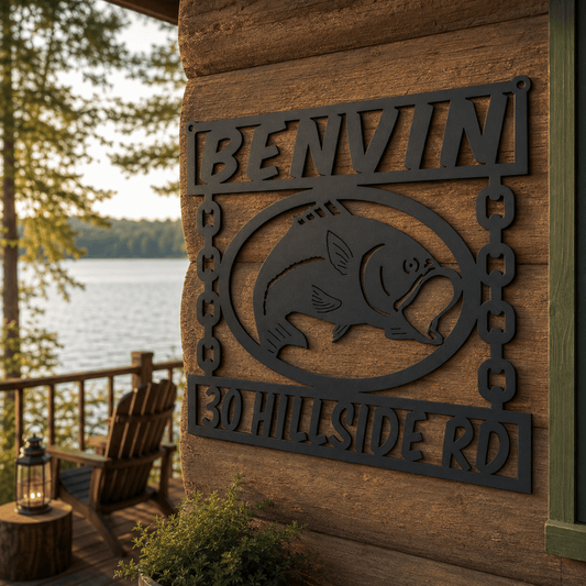 Rusty Rooster Fabrication & Design 18 / Black Personalized Bass Fishing Metal Sign – Custom Name & Address (L24)