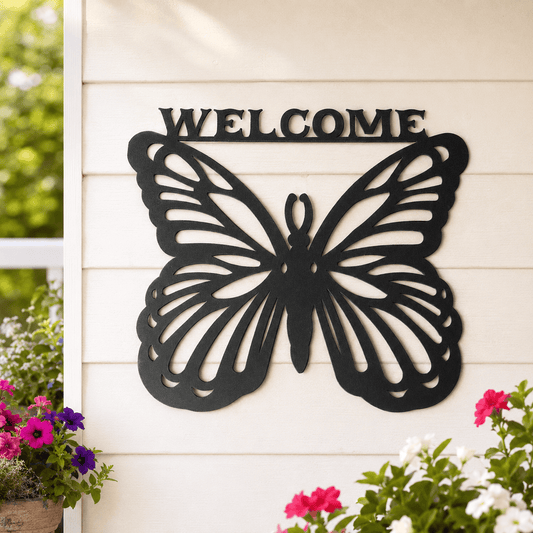 Rusty Rooster Fabrication & Design Butterfly Welcome Metal Sign (A5)