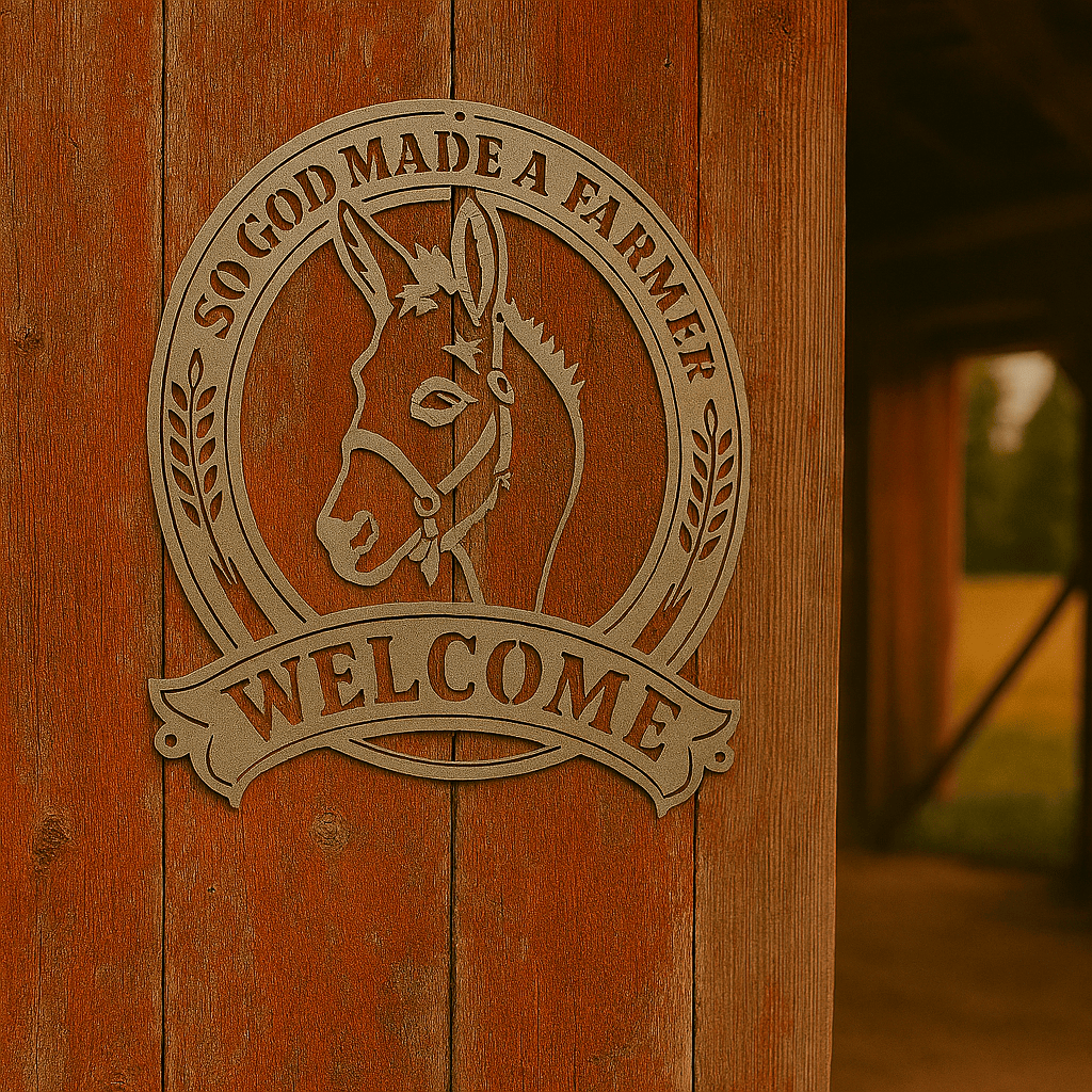 Rusty Rooster Fabrication & Design Divine Harvest: God-Made Farmer Welcome Sign with Donkey (D55)