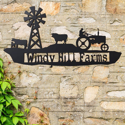 Rusty Rooster Fabrication & Design Farm Scene with Tractor and Cows Metal Sign with Custom Text Field (H0)
