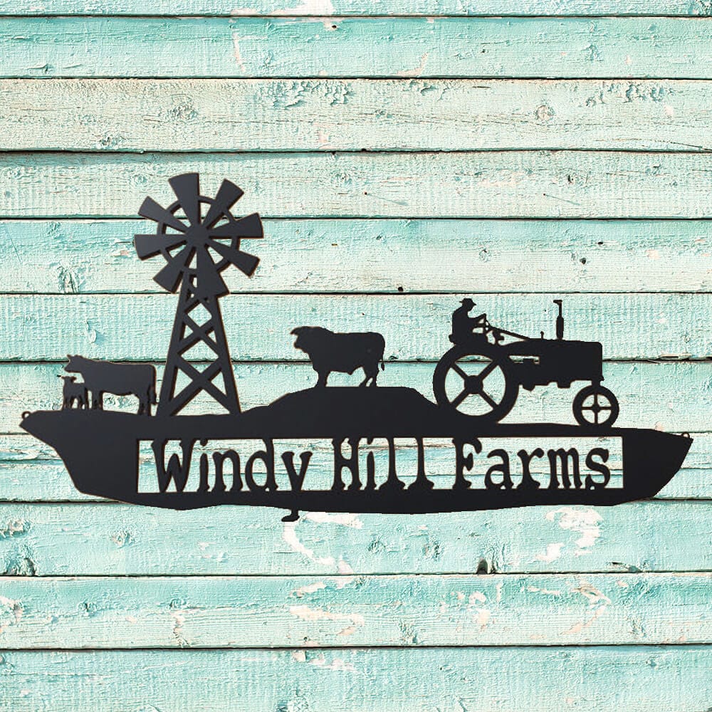 Rusty Rooster Fabrication & Design Farm Scene with Tractor and Cows Metal Sign with Custom Text Field (H0)