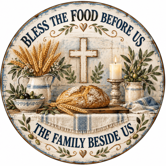 Rusty Rooster Fabrication & Design Full-Color Steel Sign Bless the Food and Family Round Steel Sign (Sub A75)