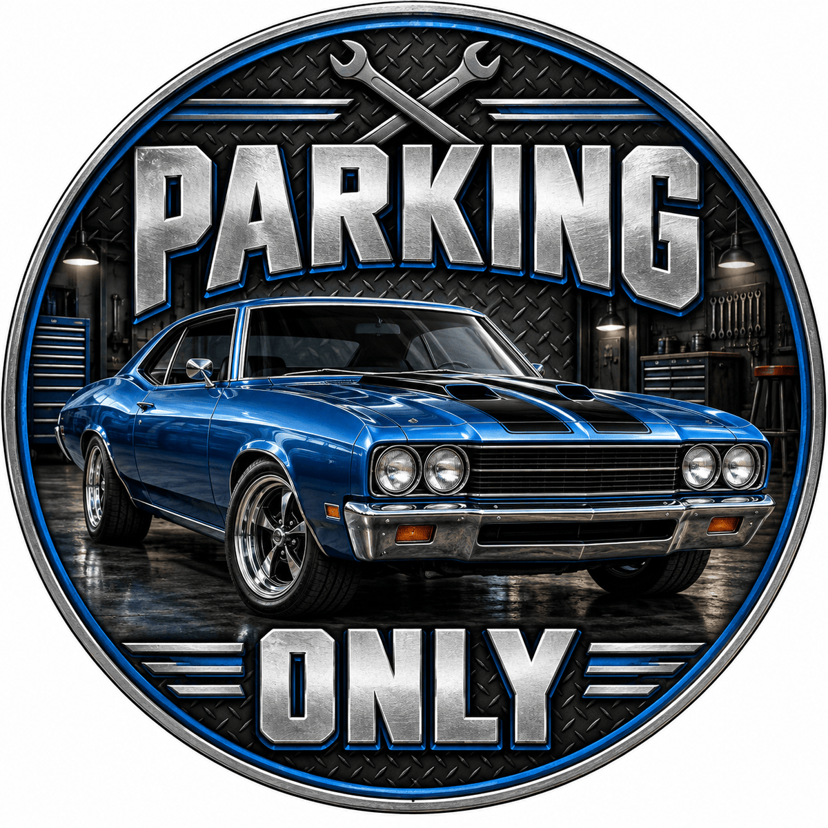 Rusty Rooster Fabrication & Design Full-Color Steel Sign Blue Muscle Car Parking Round Steel Sign (Sub A15)