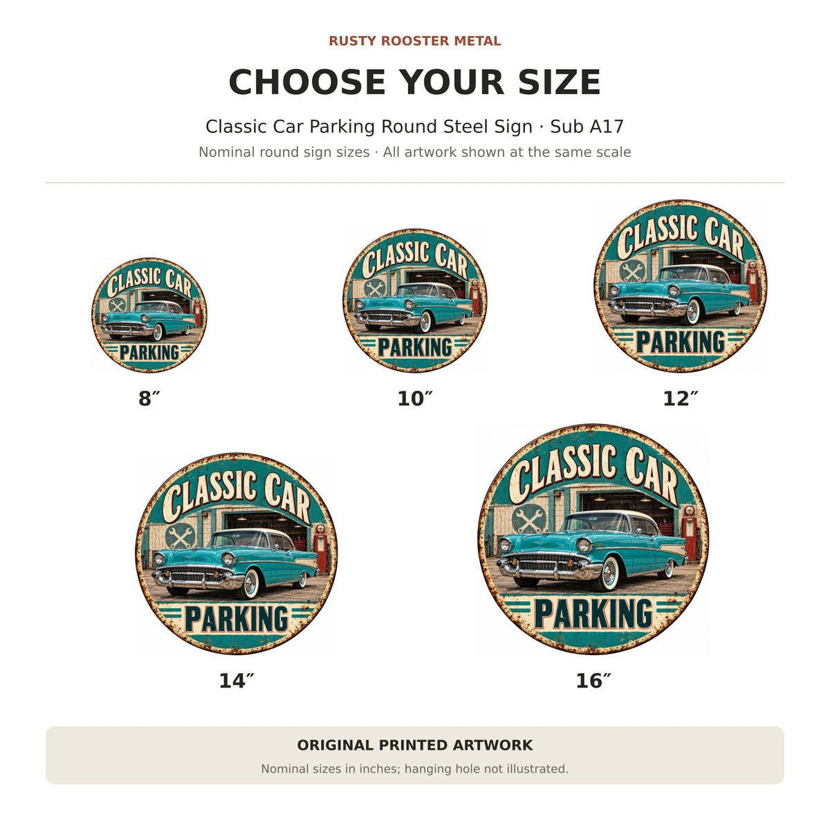 Rusty Rooster Fabrication & Design Full-Color Steel Sign Classic Car Parking Round Steel Sign (Sub A17)