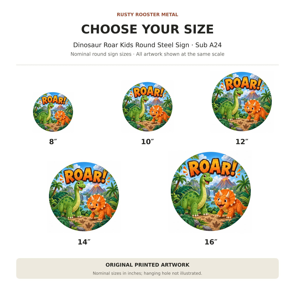 Rusty Rooster Fabrication & Design Full-Color Steel Sign Dinosaur Roar Kids Round Steel Sign (Sub A24)