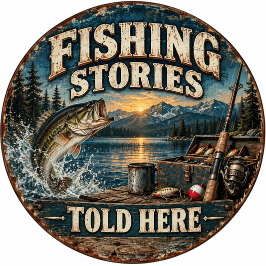 Rusty Rooster Fabrication & Design Full-Color Steel Sign Fishing Stories Told Here Round Steel Sign (Sub A67)