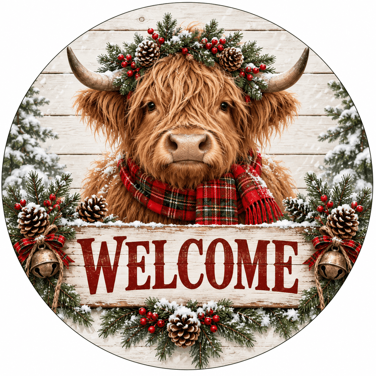 Rusty Rooster Fabrication & Design Full-Color Steel Sign Highland Cow Christmas Welcome Round Steel Sign (Sub A45)