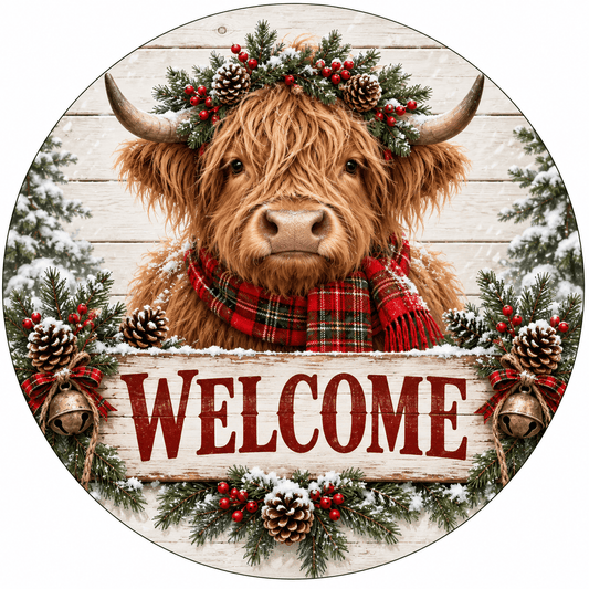 Rusty Rooster Fabrication & Design Full-Color Steel Sign Highland Cow Christmas Welcome Round Steel Sign (Sub A45)