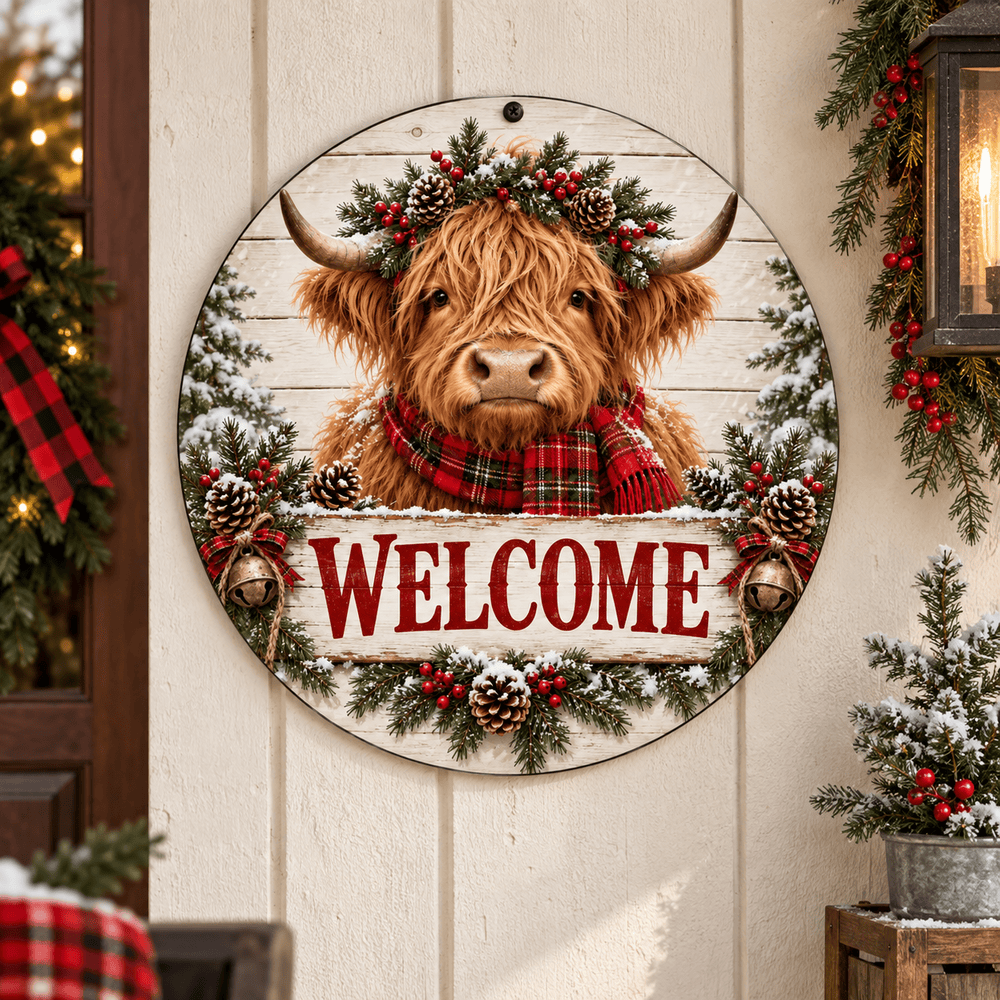 Rusty Rooster Fabrication & Design Full-Color Steel Sign Highland Cow Christmas Welcome Round Steel Sign (Sub A45)