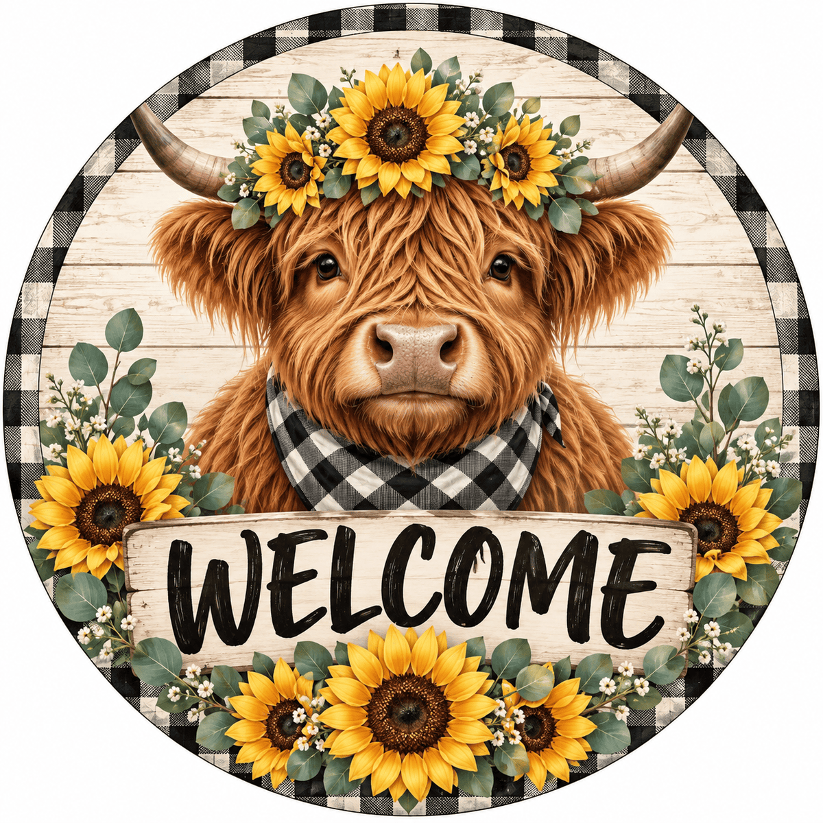 Rusty Rooster Fabrication & Design Full-Color Steel Sign Highland Cow Sunflower Welcome Round Steel Sign (Sub A8)