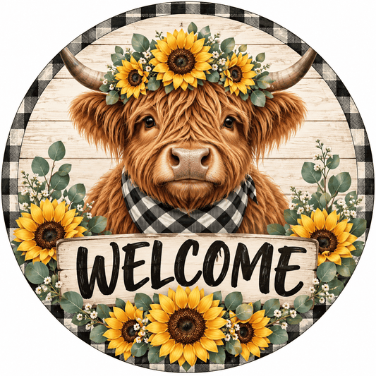 Rusty Rooster Fabrication & Design Full-Color Steel Sign Highland Cow Sunflower Welcome Round Steel Sign (Sub A8)