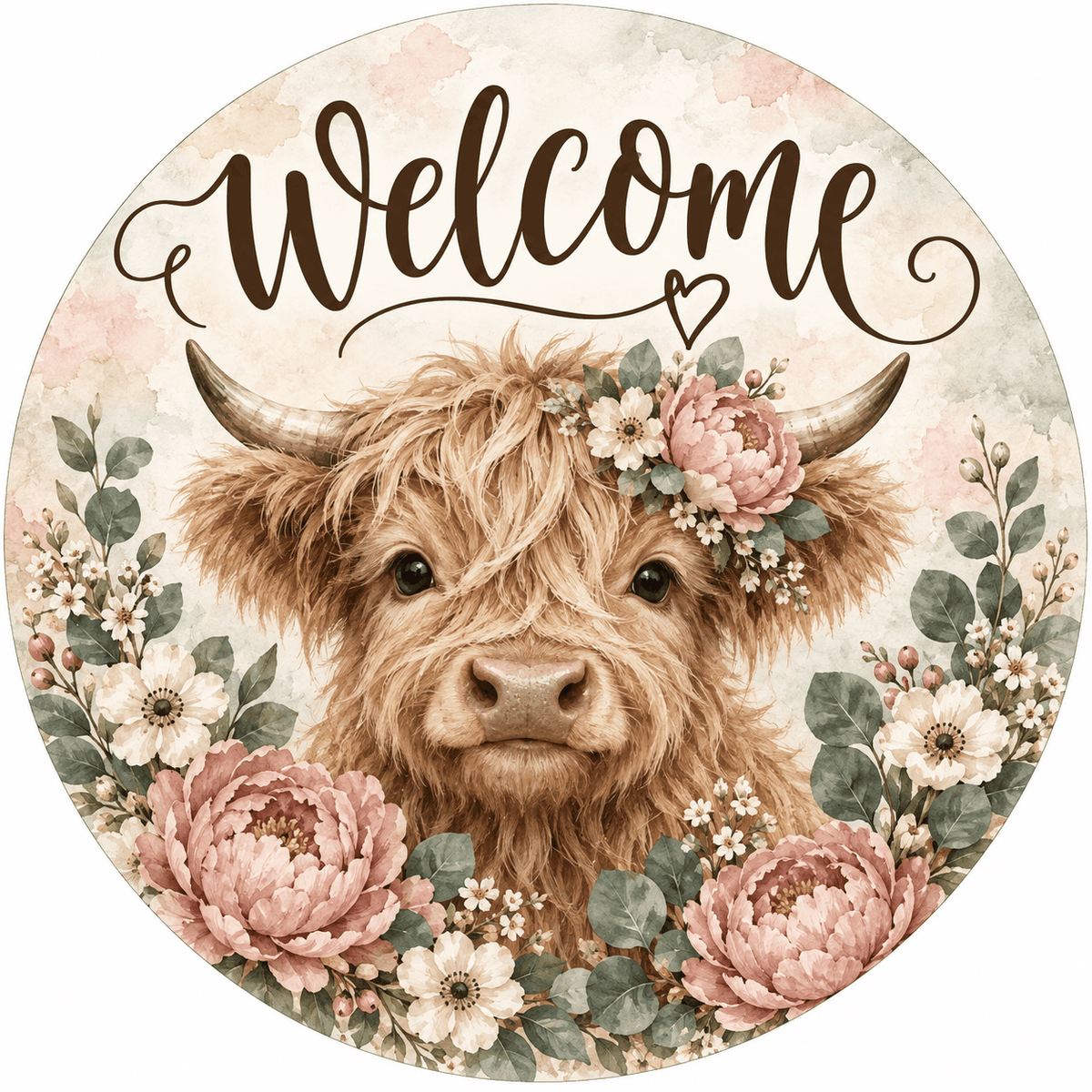 Rusty Rooster Fabrication & Design Full-Color Steel Sign Highland Cow Watercolor Welcome Round Steel Sign (Sub A10)
