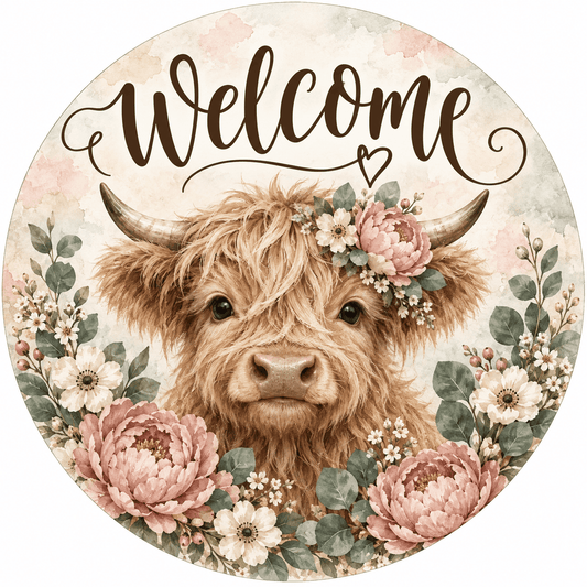 Rusty Rooster Fabrication & Design Full-Color Steel Sign Highland Cow Watercolor Welcome Round Steel Sign (Sub A10)