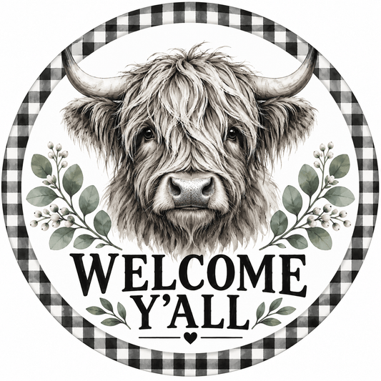 Rusty Rooster Fabrication & Design Full-Color Steel Sign Highland Cow Welcome Y'all Round Steel Sign (Sub A11)