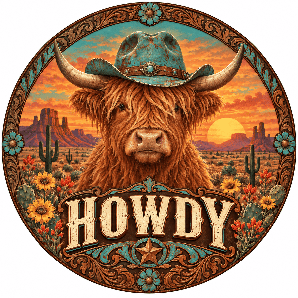 Rusty Rooster Fabrication & Design Full-Color Steel Sign Highland Cow Western Howdy Round Steel Sign (Sub A9)