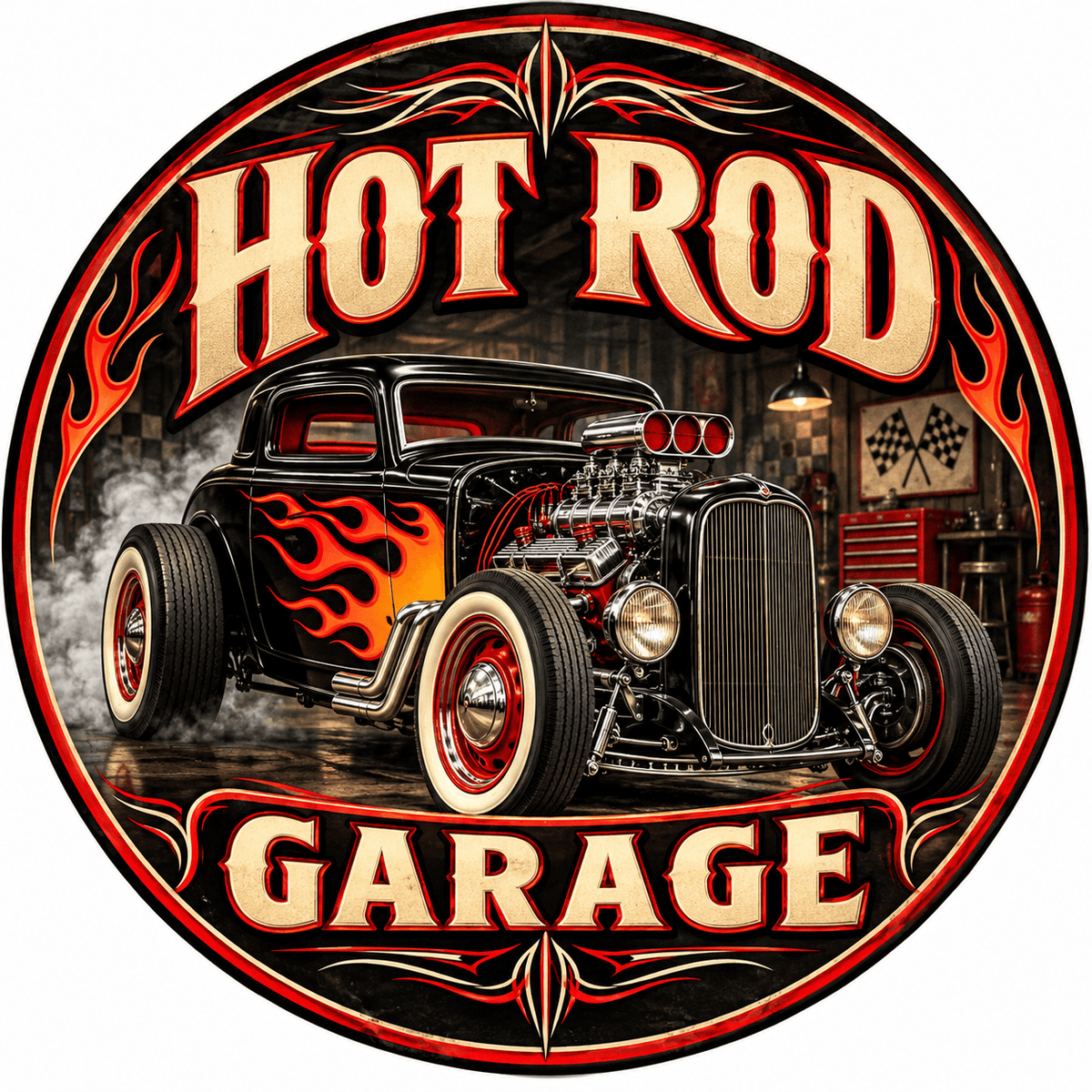 Rusty Rooster Fabrication & Design Full-Color Steel Sign Hot Rod Garage Round Steel Sign (Sub A16)