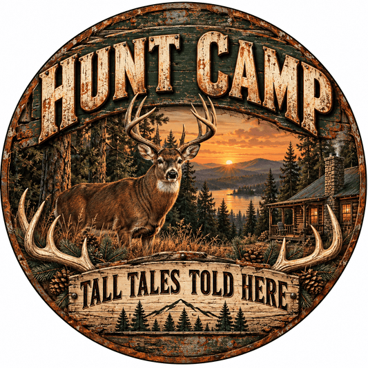 Rusty Rooster Fabrication & Design Full-Color Steel Sign Hunt Camp Tall Tales Round Steel Sign (Sub A66)