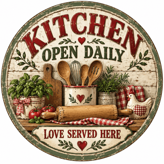 Rusty Rooster Fabrication & Design Full-Color Steel Sign Kitchen Open Daily Round Steel Sign (Sub A74)