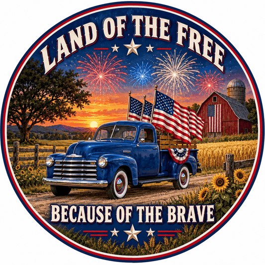 Rusty Rooster Fabrication & Design Full-Color Steel Sign Land of the Free Vintage Truck Round Steel Sign (Sub A55)