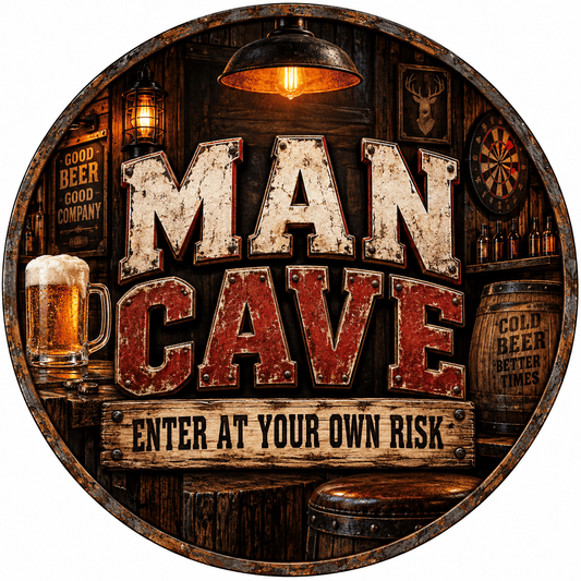 Rusty Rooster Fabrication & Design Full-Color Steel Sign Man Cave Enter at Your Own Risk Round Steel Sign (Sub A64)