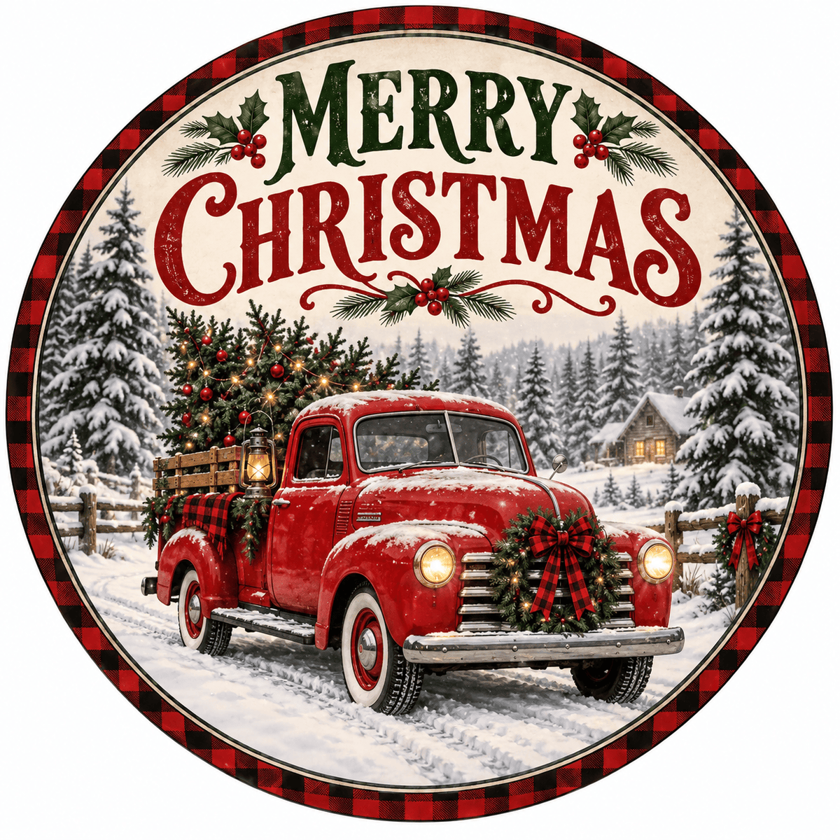 Rusty Rooster Fabrication & Design Full-Color Steel Sign Merry Christmas Vintage Truck Round Steel Sign (Sub A44)
