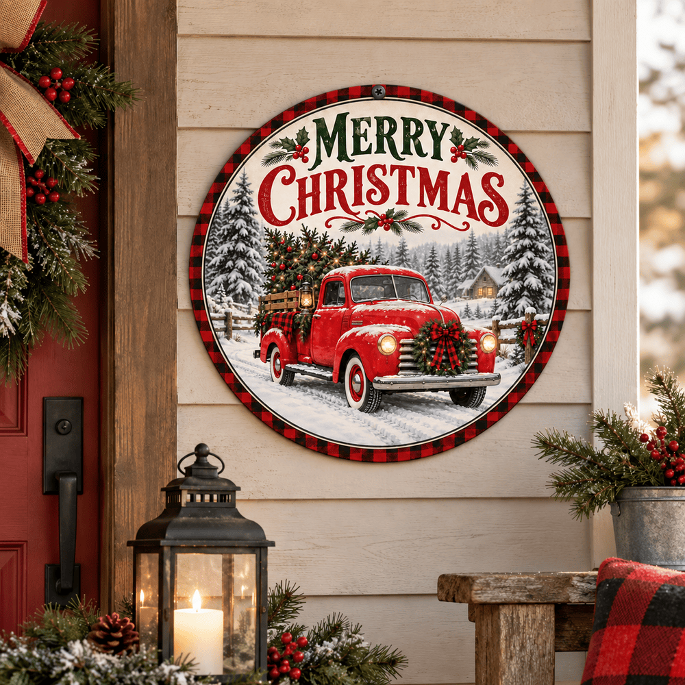 Rusty Rooster Fabrication & Design Full-Color Steel Sign Merry Christmas Vintage Truck Round Steel Sign (Sub A44)