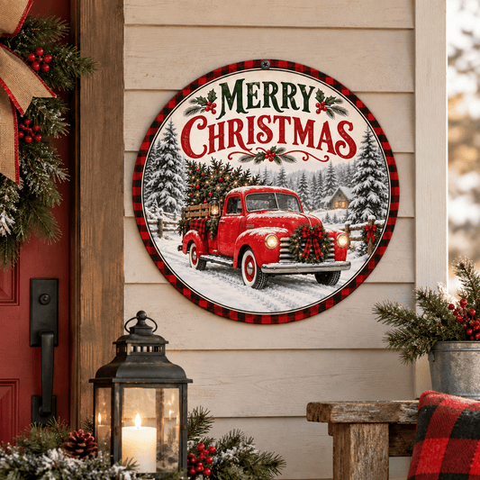 Rusty Rooster Fabrication & Design Full-Color Steel Sign Merry Christmas Vintage Truck Round Steel Sign (Sub A44)