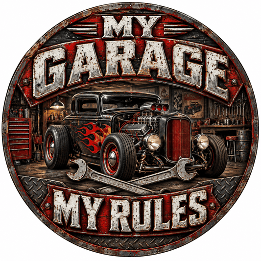 Rusty Rooster Fabrication & Design Full-Color Steel Sign My Garage My Rules Hot Rod Round Steel Sign (Sub A65)
