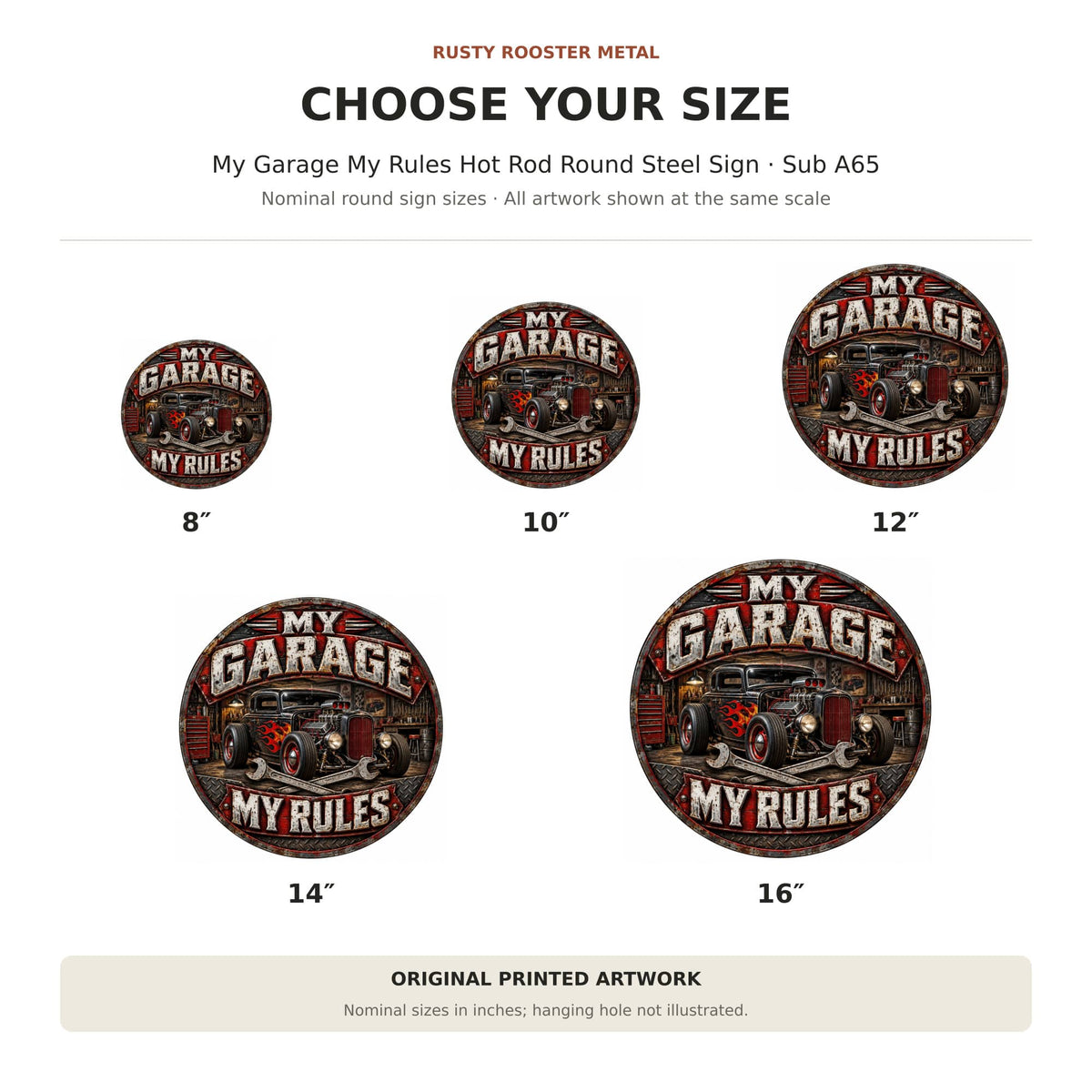 Rusty Rooster Fabrication & Design Full-Color Steel Sign My Garage My Rules Hot Rod Round Steel Sign (Sub A65)