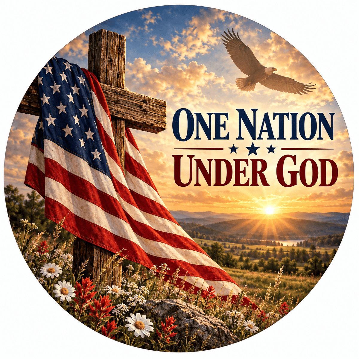Rusty Rooster Fabrication & Design Full-Color Steel Sign One Nation Under God Patriotic Round Steel Sign (Sub A57)