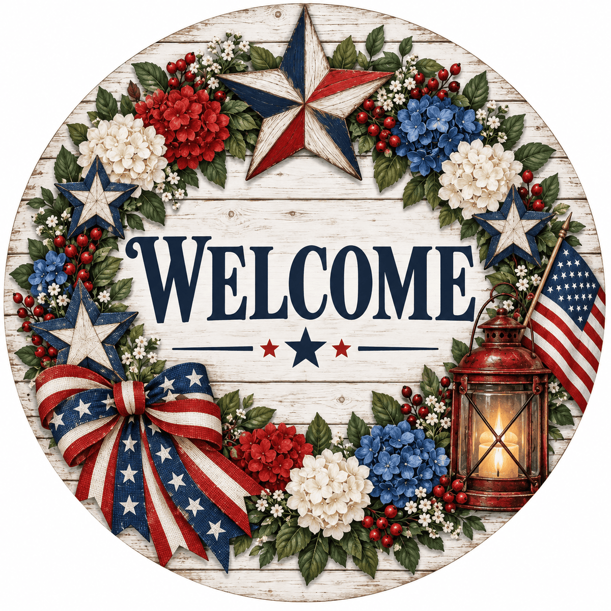 Rusty Rooster Fabrication & Design Full-Color Steel Sign Patriotic Floral Welcome Round Steel Sign (Sub A56)