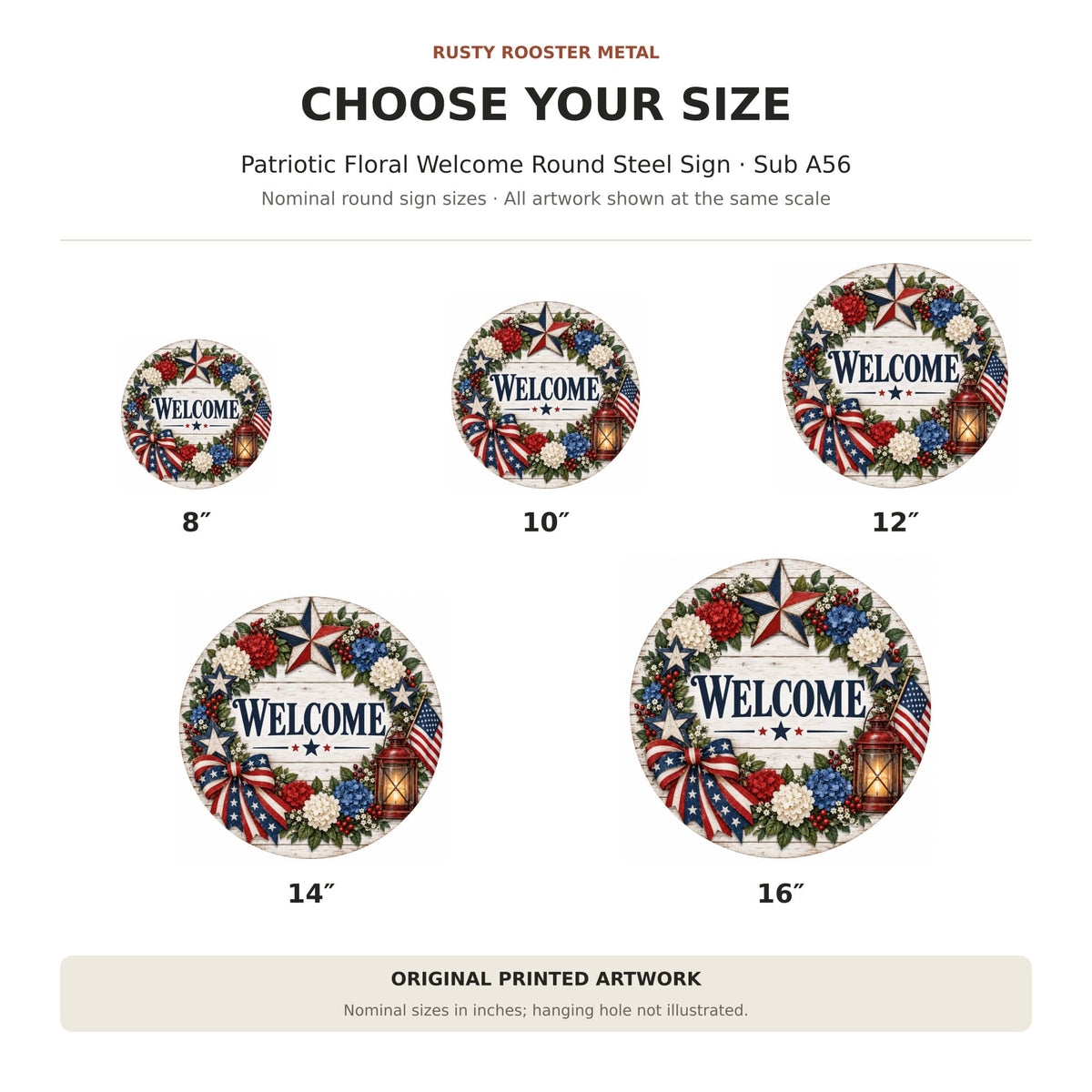 Rusty Rooster Fabrication & Design Full-Color Steel Sign Patriotic Floral Welcome Round Steel Sign (Sub A56)