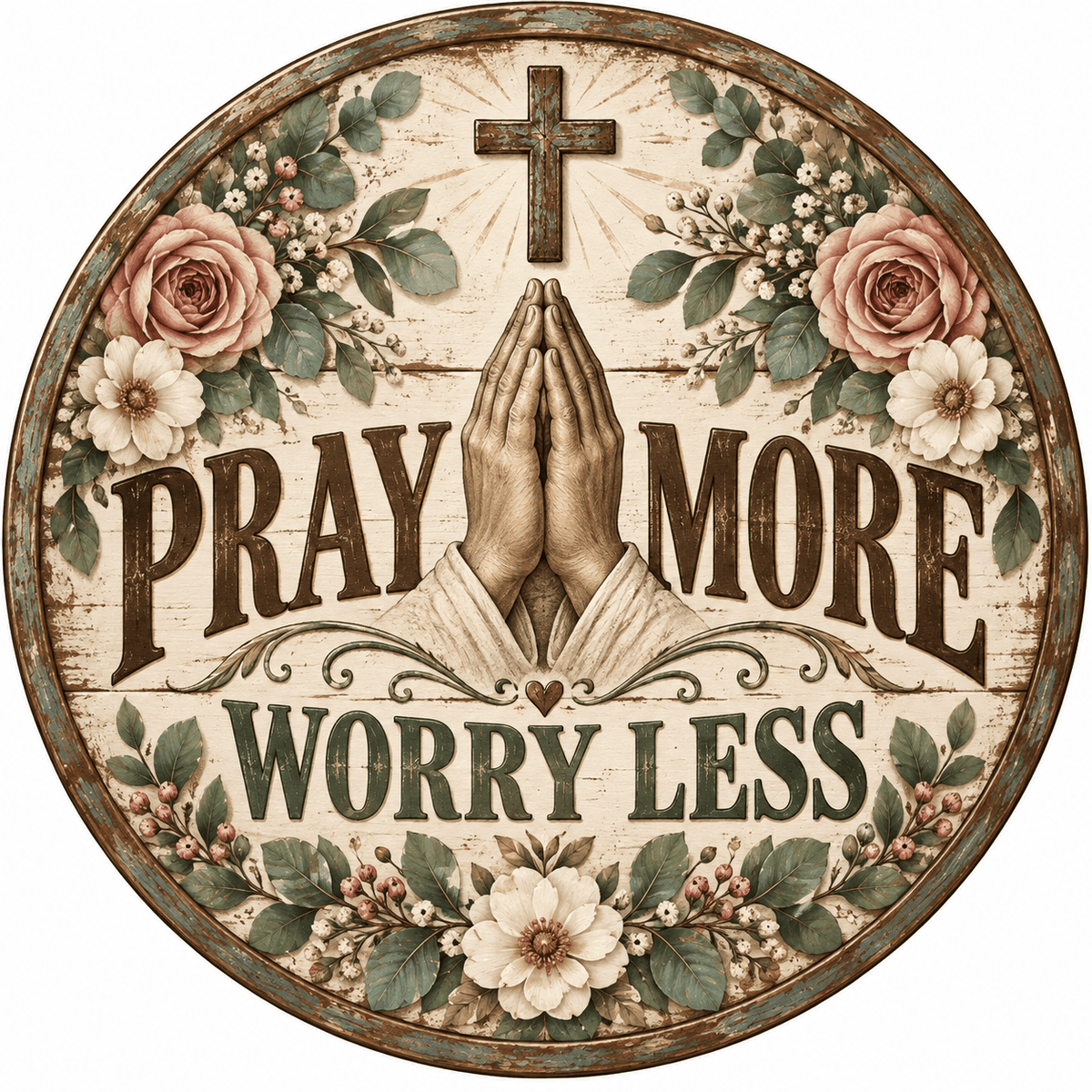 Rusty Rooster Fabrication & Design Full-Color Steel Sign Pray More Worry Less Round Steel Sign (Sub A88)