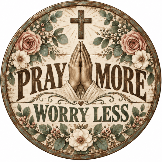 Rusty Rooster Fabrication & Design Full-Color Steel Sign Pray More Worry Less Round Steel Sign (Sub A88)
