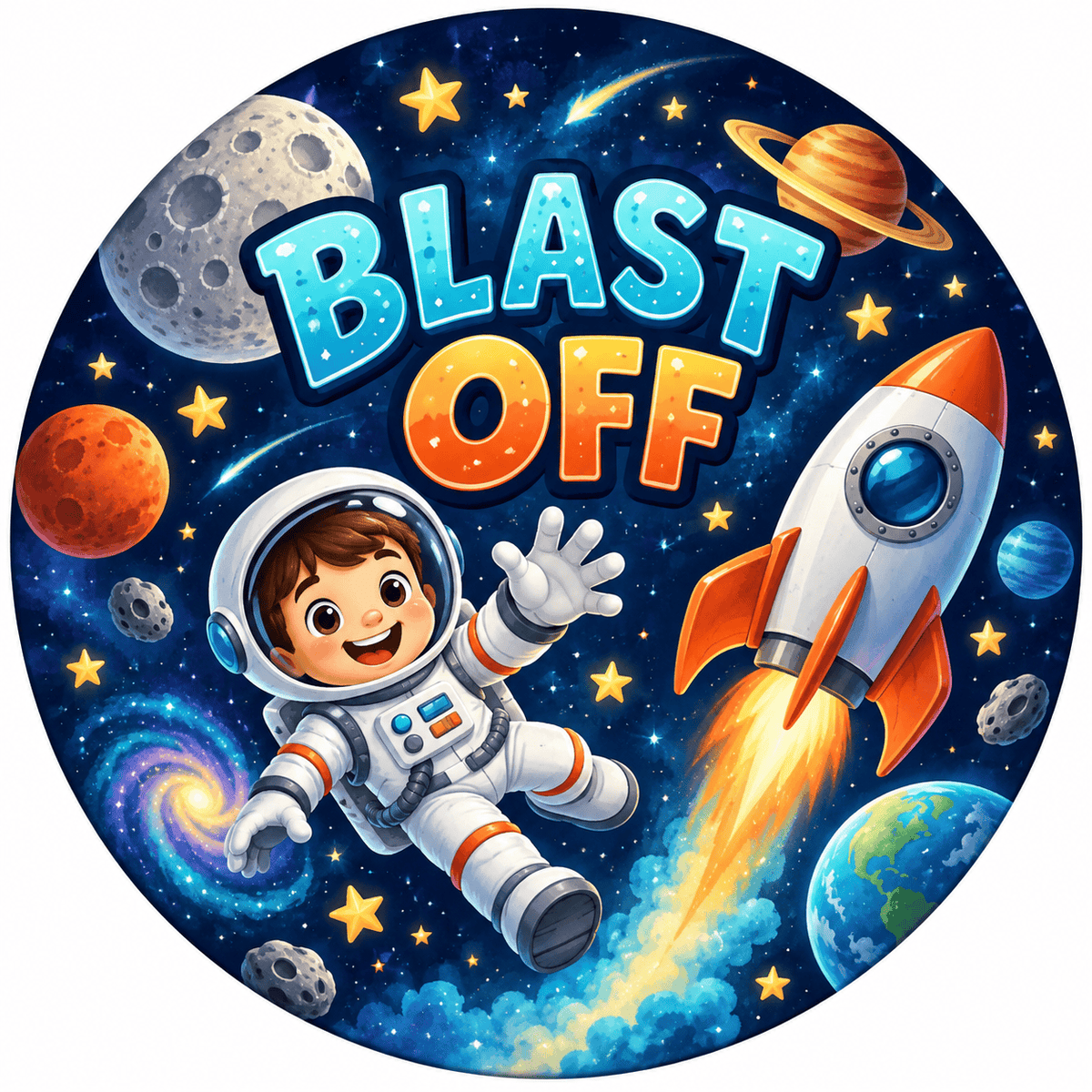 Rusty Rooster Fabrication & Design Full-Color Steel Sign Space Blast Off Kids Round Steel Sign (Sub A26)