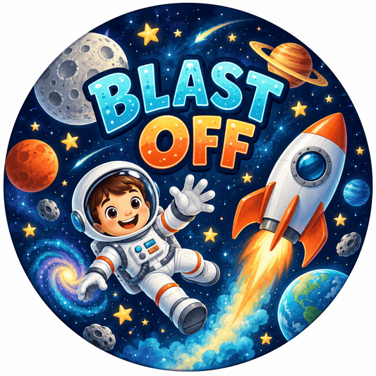 Rusty Rooster Fabrication & Design Full-Color Steel Sign Space Blast Off Kids Round Steel Sign (Sub A26)