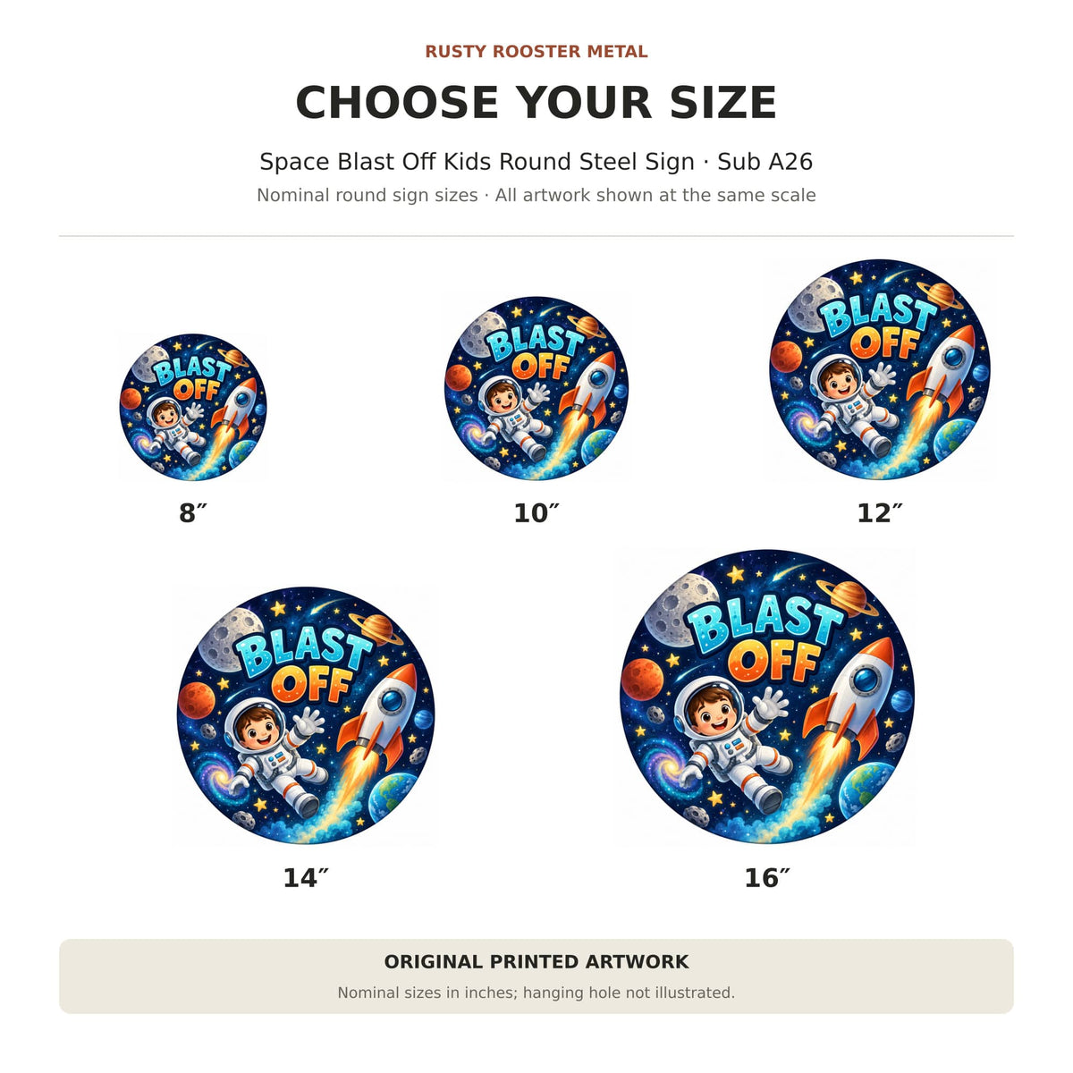 Rusty Rooster Fabrication & Design Full-Color Steel Sign Space Blast Off Kids Round Steel Sign (Sub A26)