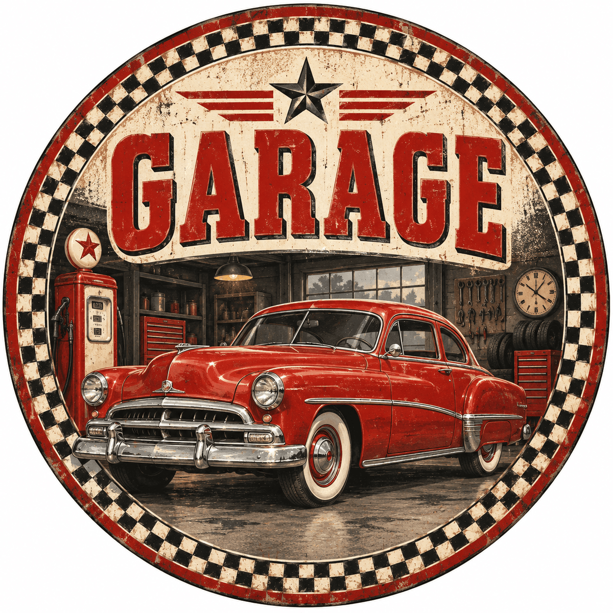 Rusty Rooster Fabrication & Design Full-Color Steel Sign Vintage Red Car Garage Round Steel Sign (Sub A14)