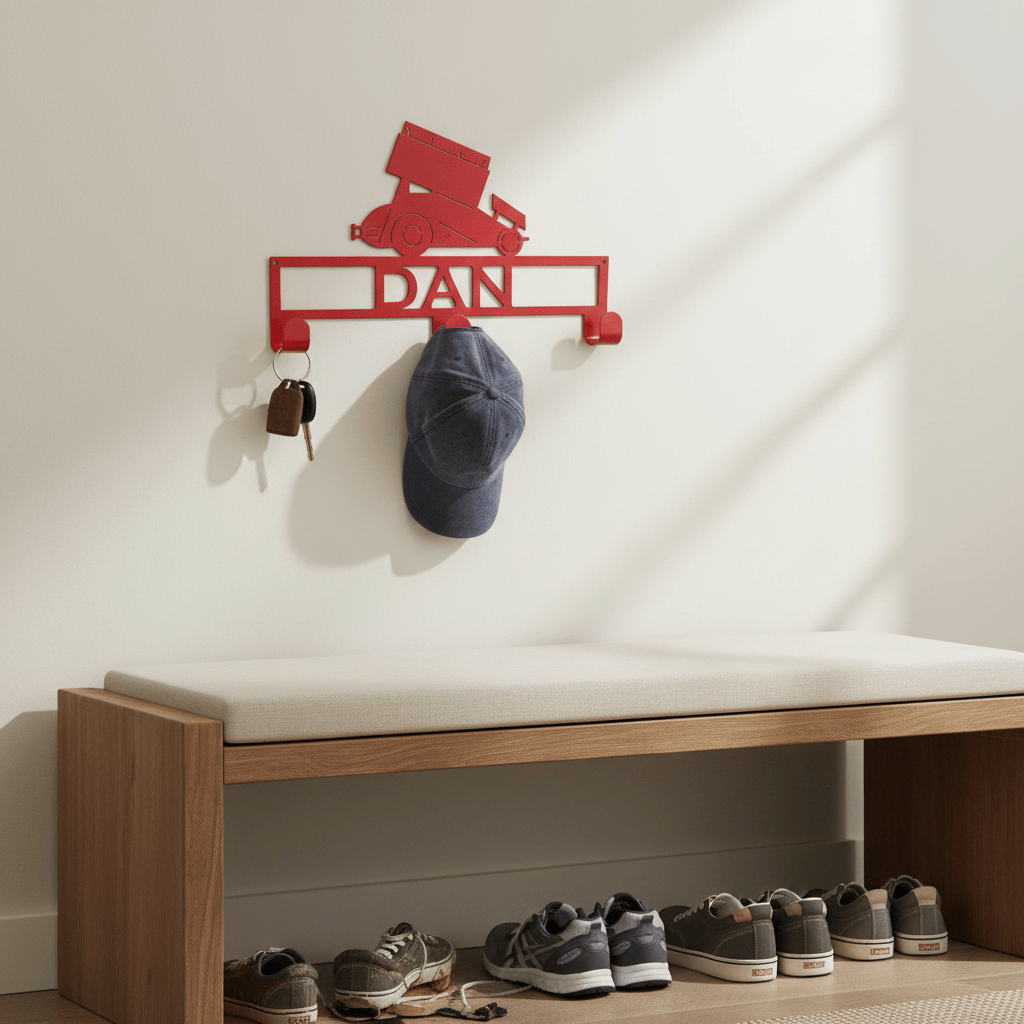 Rusty Rooster Fabrication & Design Hat / Coat Rack Sprint Car with Custom Text  Box 3 Hooks (X14)