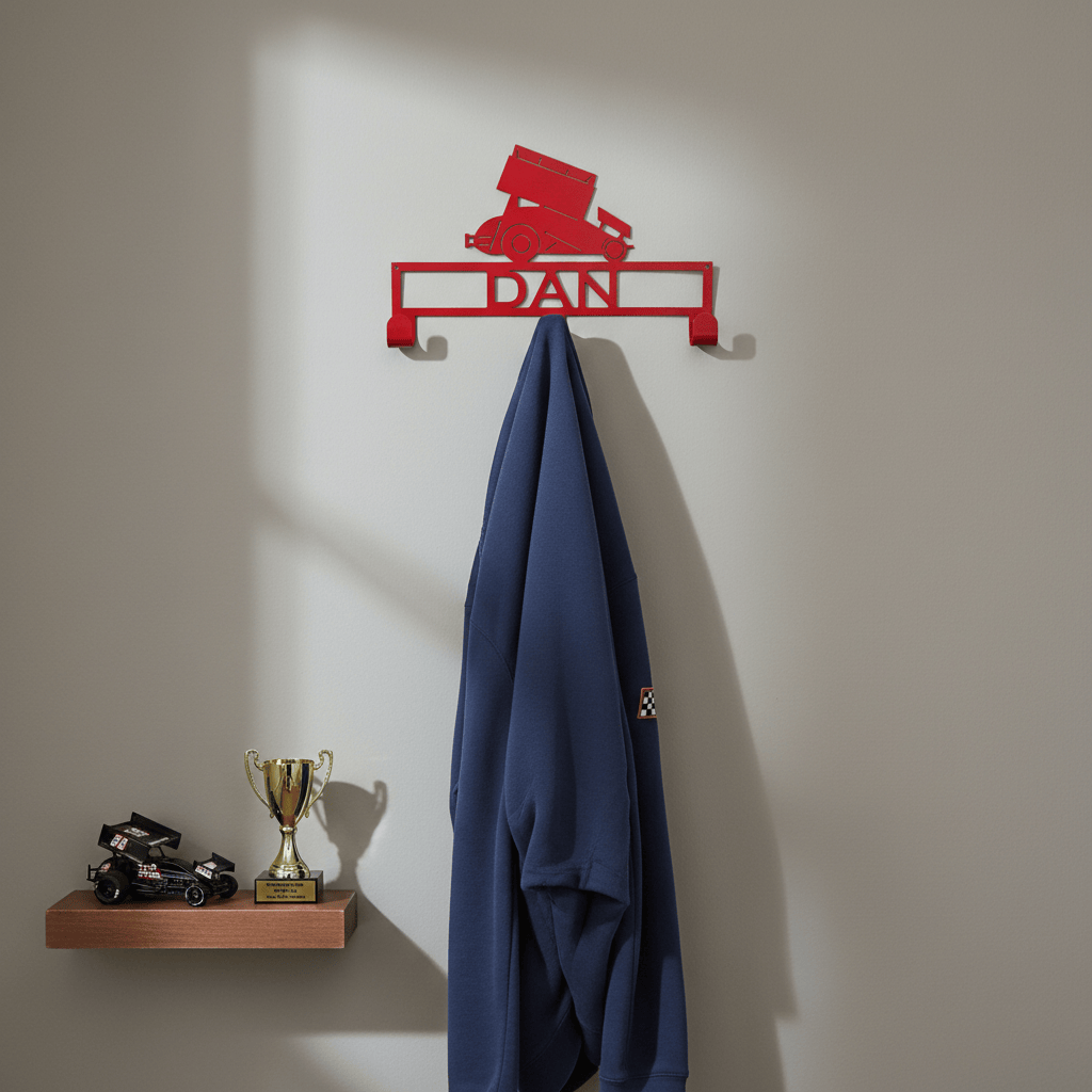 Rusty Rooster Fabrication & Design Hat / Coat Rack Sprint Car with Custom Text  Box 3 Hooks (X14)