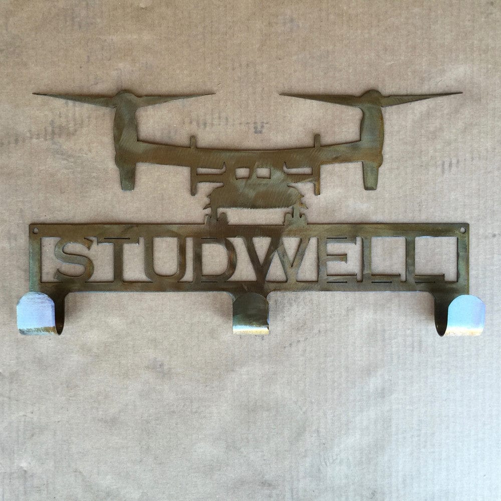 Rusty Rooster Fabrication & Design Hat / Coat Rack with V22 Osprey and Personalized Text Field 3 Hooks (M25)