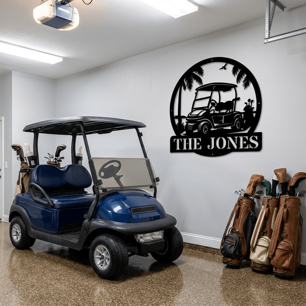 Rusty Rooster Fabrication & Design Home Decor Custom Golf Cart Metal Sign with Personalized Family Name | Circular Golf Decor Sign | (D70)