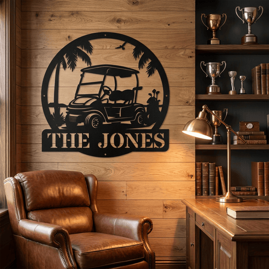 Custom Golf Cart Metal Sign with Personalized Family Name | Circular Golf Decor Sign |