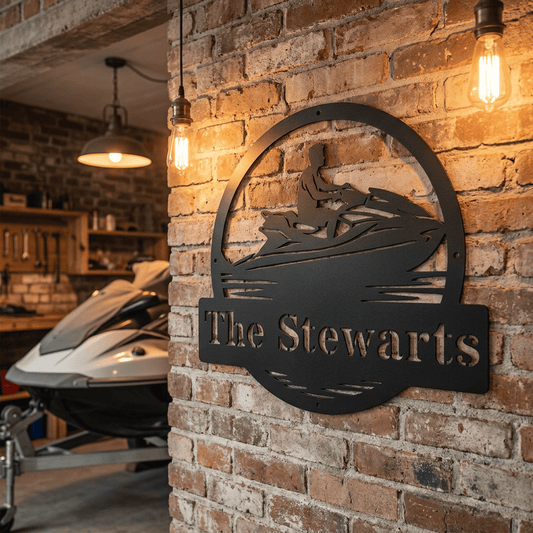Custom Jet Ski Metal Sign | Personalized Family Name Circular Wall Art | Watercraft Silhouette