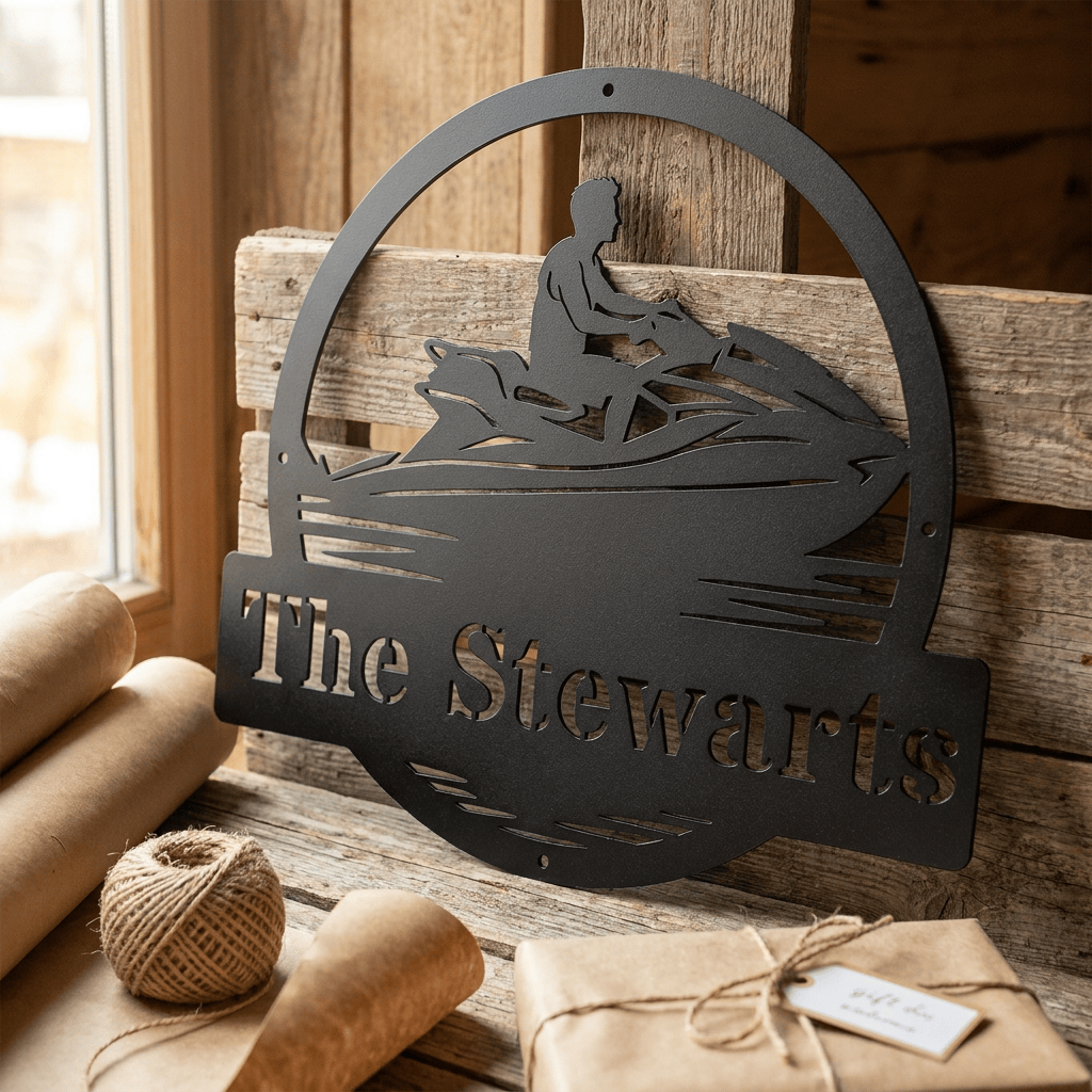 Rusty Rooster Fabrication & Design Home Decor Custom Jet Ski Metal Sign | Personalized Family Name Circular Wall Art | Watercraft Silhouette (D66)