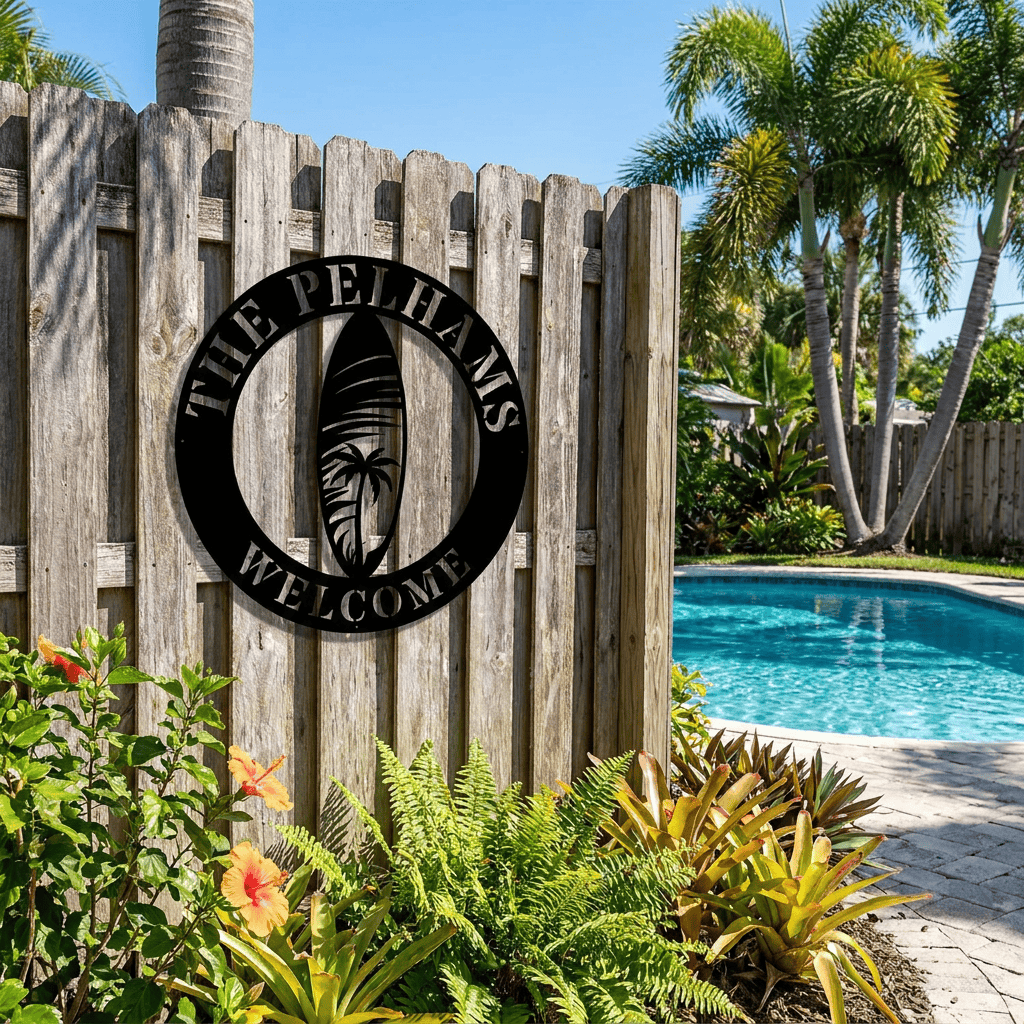 Rusty Rooster Fabrication & Design Home Decor Custom Metal Surfboard Welcome Sign | Personalized Family Name | Circular Beach Decor | (D67)