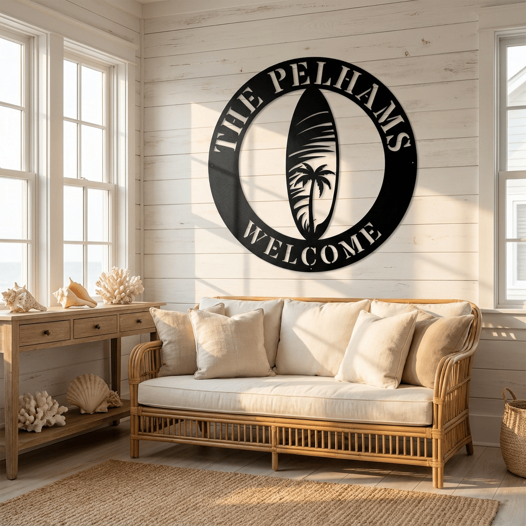 Rusty Rooster Fabrication & Design Home Decor Custom Metal Surfboard Welcome Sign | Personalized Family Name | Circular Beach Decor | (D67)